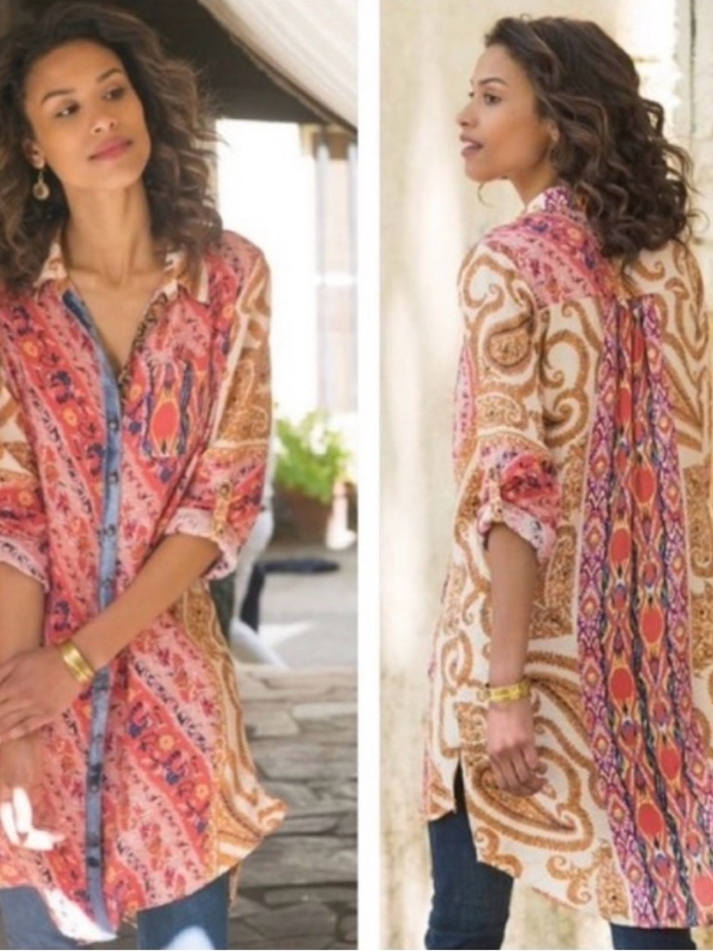 Soft Surroundings Brynn Boho Silk Paisley Print Velvet Silk Trim Tunic Top LG